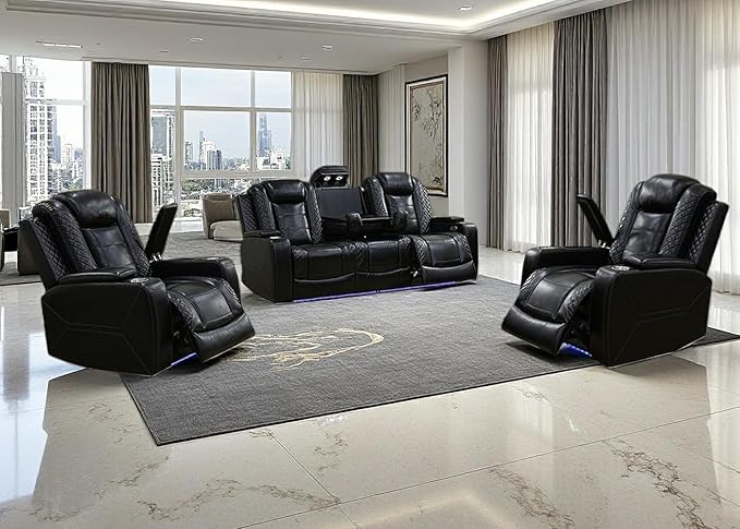 Toseslo Living Room Furniture Sets,Power Recliner Sofa Set with LED Light,Black Leather Sofa and 2 Chairs Set,Modern Power Reclining Sets with Cup Holder/Storage Console for House