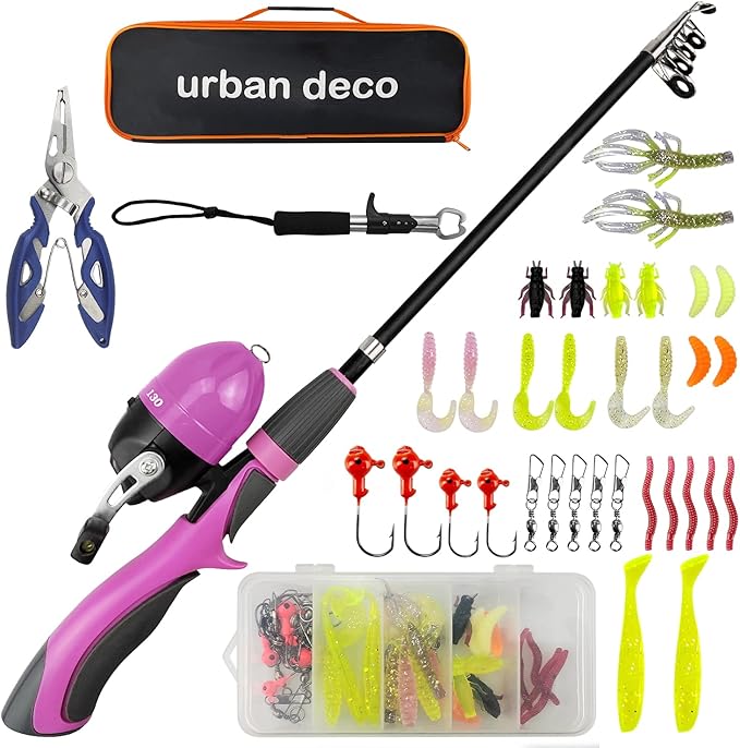 Urban Deco Kids Fishing Pole Set Portable Telescopic Kids Fishing Rod and Reel Combo Kit with Tackle Box for Beginners, Bo...