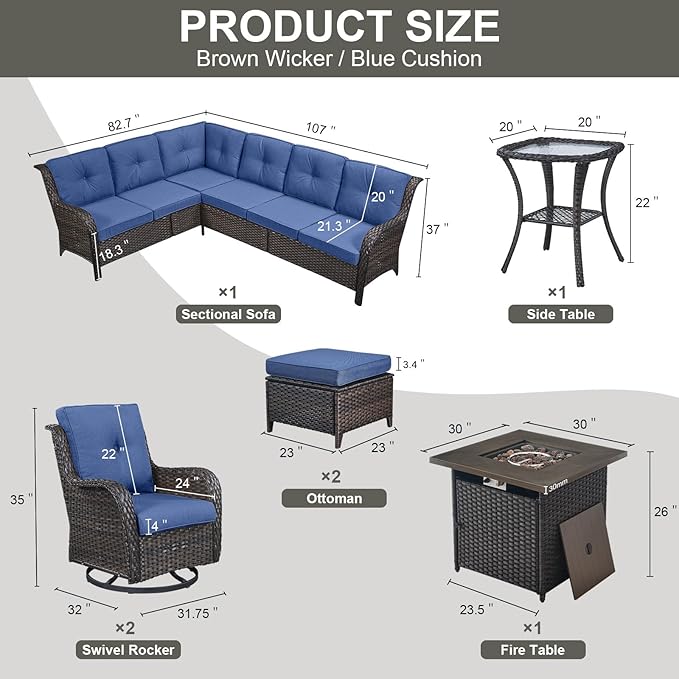 Belord Outdoor Sectional Furniture Sofa Set with Propane Fire Pit Table, Wicker Patio Conversation Set with 2 Swivel Rocker Glider Chairs Blue Cushion Perfect for Backyard Casual Gathering