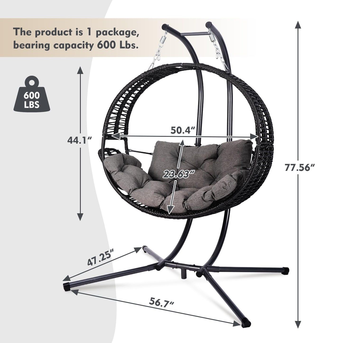Double Hanging Egg Chair with Stand for Outdoor, Oversized 2 Person Wicker Rattan Swing Chair w/Convertible Armrest for Reclining Seat, All-Weather Cushion and Heavy Duty Frame, 700Lbs Cap. (Grey)