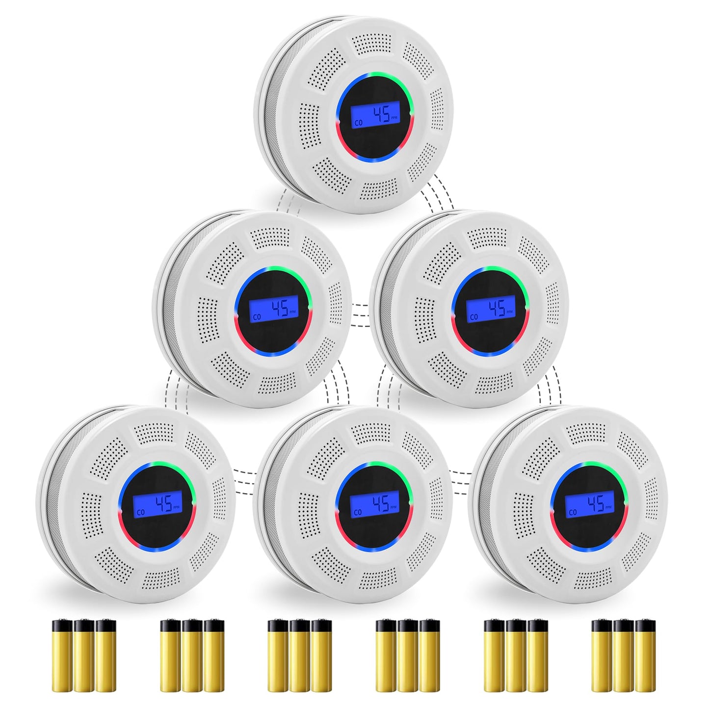 GiiHoo Wireless Interconnected Smoke Carbon Monoxide Detector Battery Powered, Interlinked Combination Smoke and Carbon Monoxide Detector Alarm with Digital Display, Silence Button (White-6)