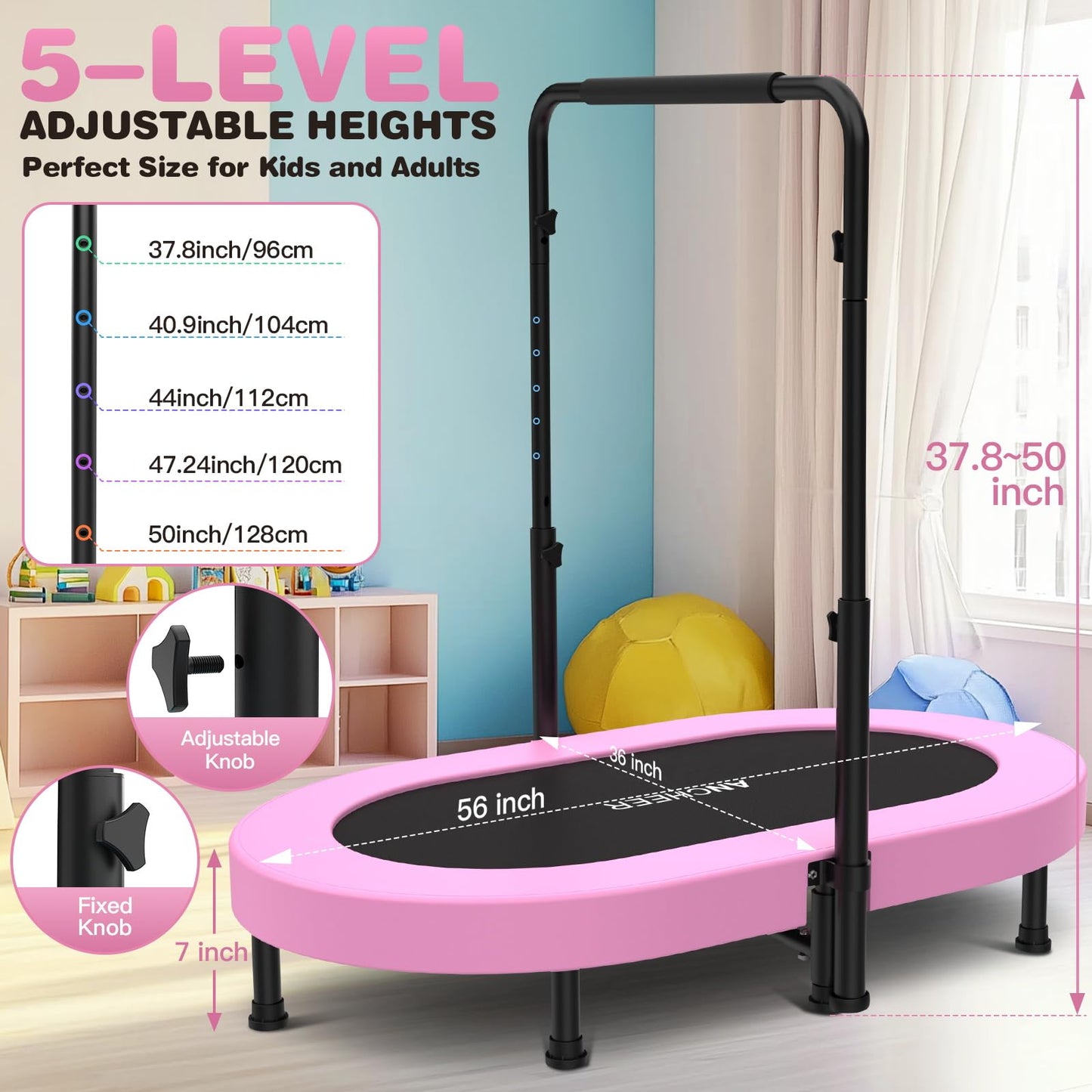 ANCHEER Mini Trampoline for Kids Indoor, Double Kids Trampoline with Adjustable Center Handlebar, 56"X36" Rebounder Trampoline Foldable, Max Load 220 LBS,Pink
