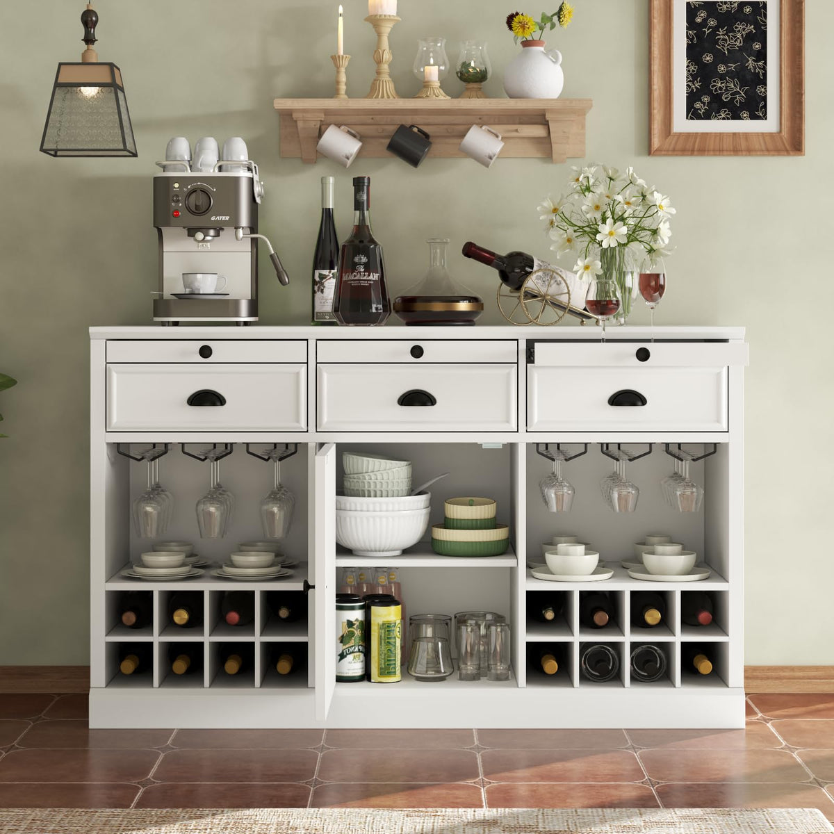 Loomie Wine Bar Cabinet with Pull-Out Trays & Drawers, Liquor Cabinet with Wine Rack & Stemware Holder, Coffee Bar Cabinet with Door & Adjustable Shelf, Kitchen Buffet Cabinet for Home Pub (White)