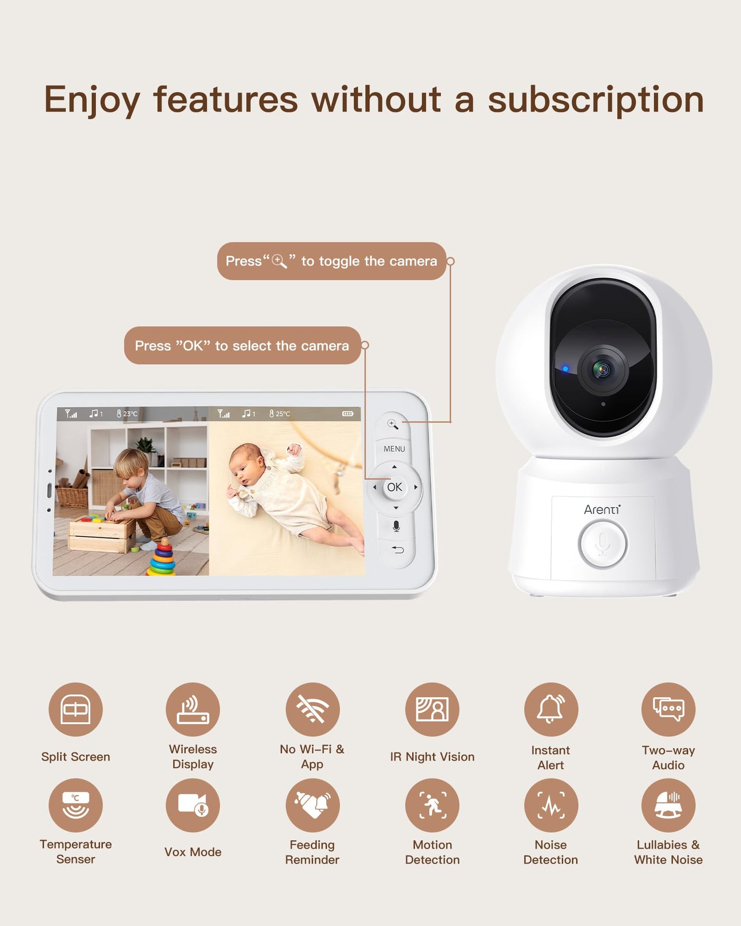 ARENTI WiFi Baby Camera Monitor B2 Kit 2025 Upgraded, 5-inch Wireless Display, Smartphone App, Encrypted Connection, Lullaby, Super Night Vision, Auto Tracking, Temp Sensor, Support Local Storage