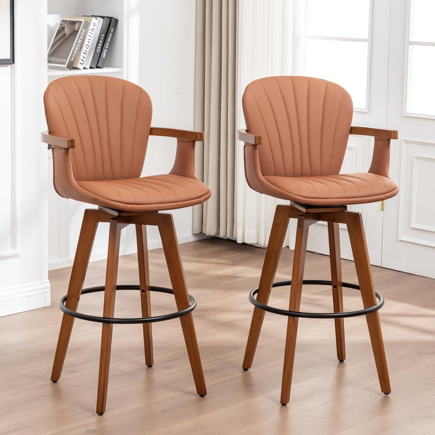 LUNLING 30” Bar Height Stools,Mid Century Modern Bar Stool,Orange PU Leather Kitchen Island Stools,Wood High Barstools Swivel with Back and Arms for Home Bar Furniture,1PCS