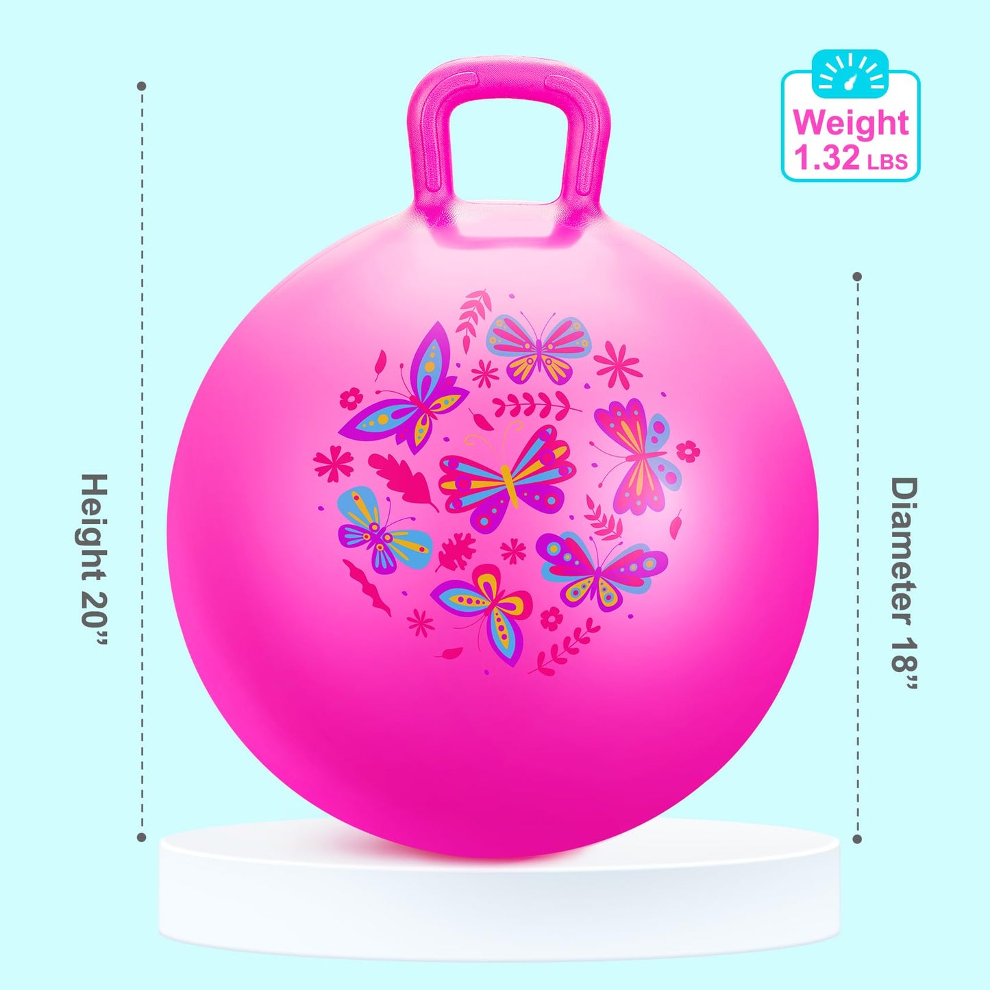 PlayZap Hopper Ball for Kids 3-8,18 Inch Pink Bouncy Ball with Handle, Inflatable Hippity Hop Bounce Hopping Toys Indoor Outdoor for Boys Girls Gifts, Butterfly