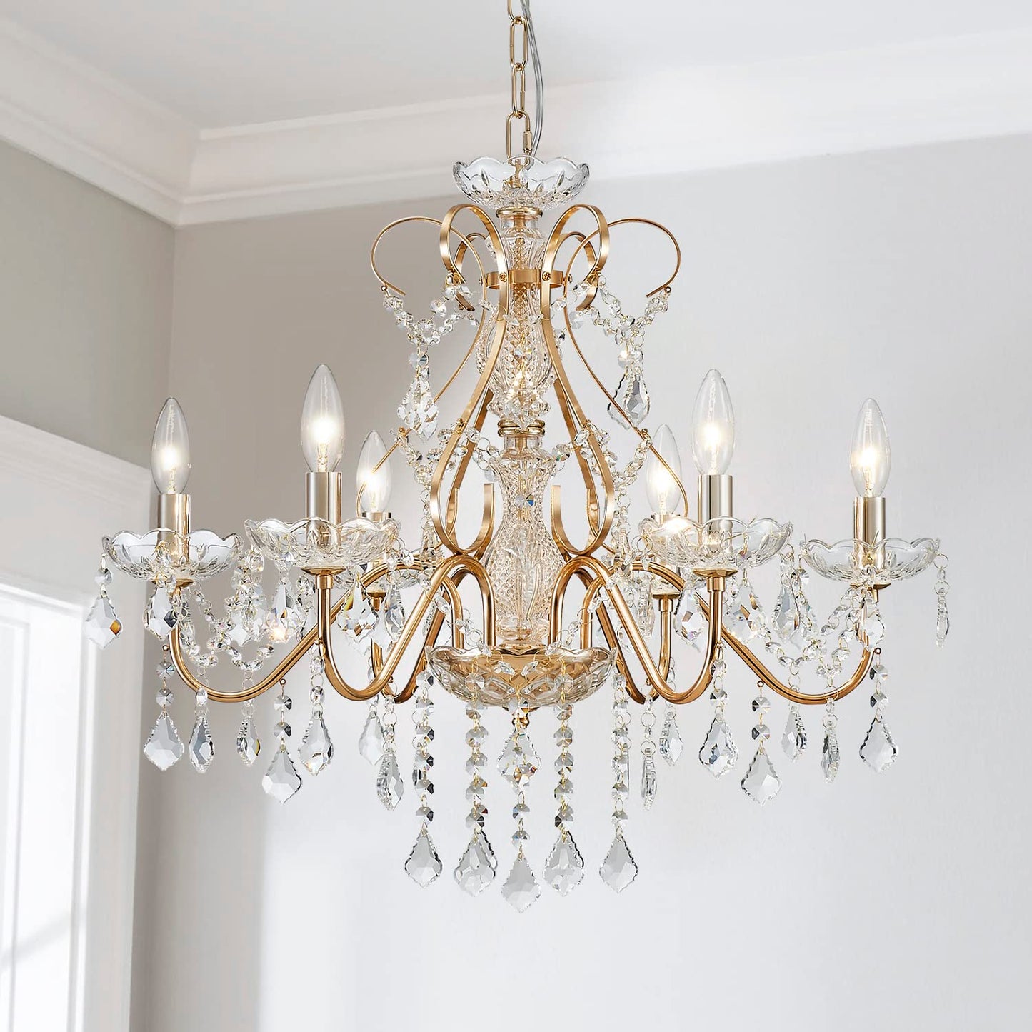 Saint Mossi 6 Light Crystal Chandelier Light Fixture Modern Chandelier Crystal Lighting, French Gold Crystal Raindrop Chandelier for Dining Room,Bedroom,Living Room, H23 x D24