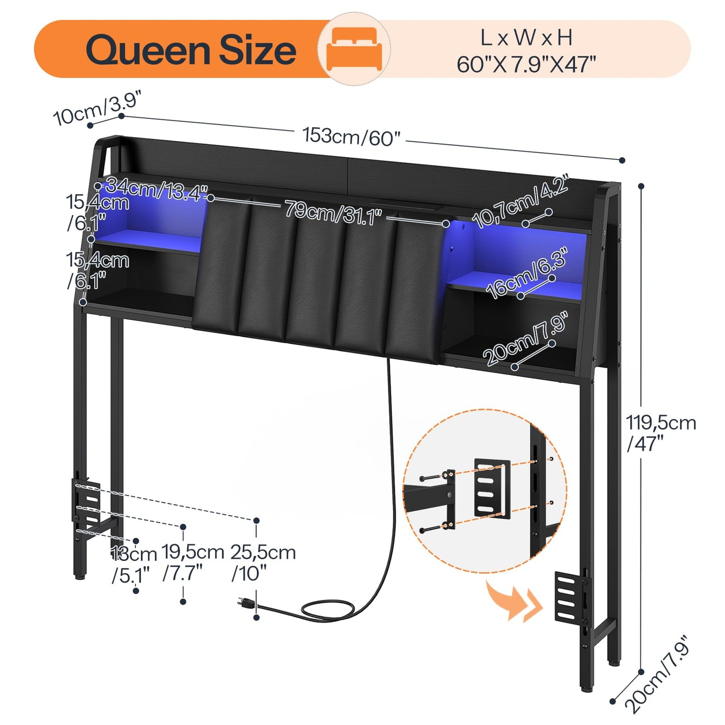 HOOBRO Queen Size Headboard with Storage, Upholstered Headboard with Charging Station and LED Light Strip, Padded Backrest and Open Storage Shelf, Metal Frame Adapter, for Queen Bed Frames, Black