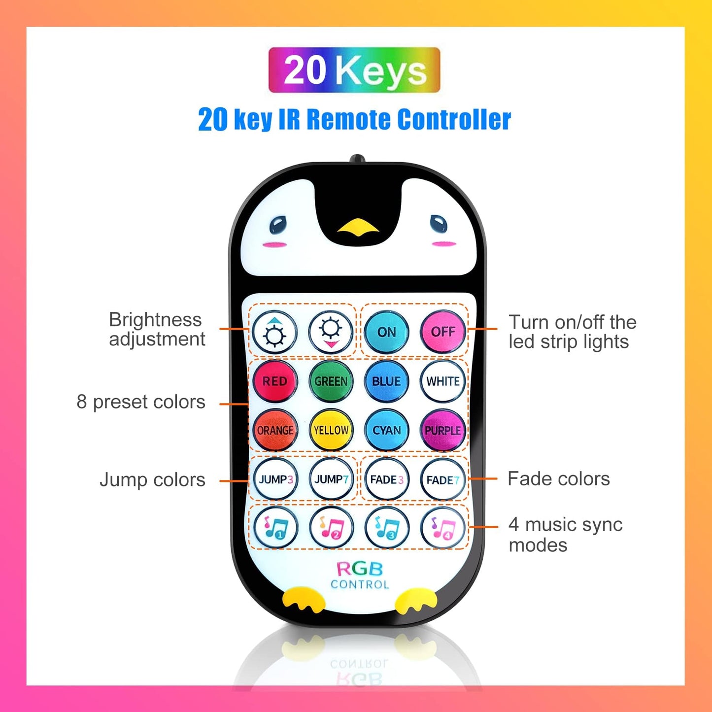100ft Kids Bluetooth LED Strip Lights, Music Sync LED Light Strip RGB Color Changing Lighting with Penguin Style Remote, APP Control, Smart Lighting for Bedroom, TV, Room DIY (APP+Remote +Mic/50ftx2)
