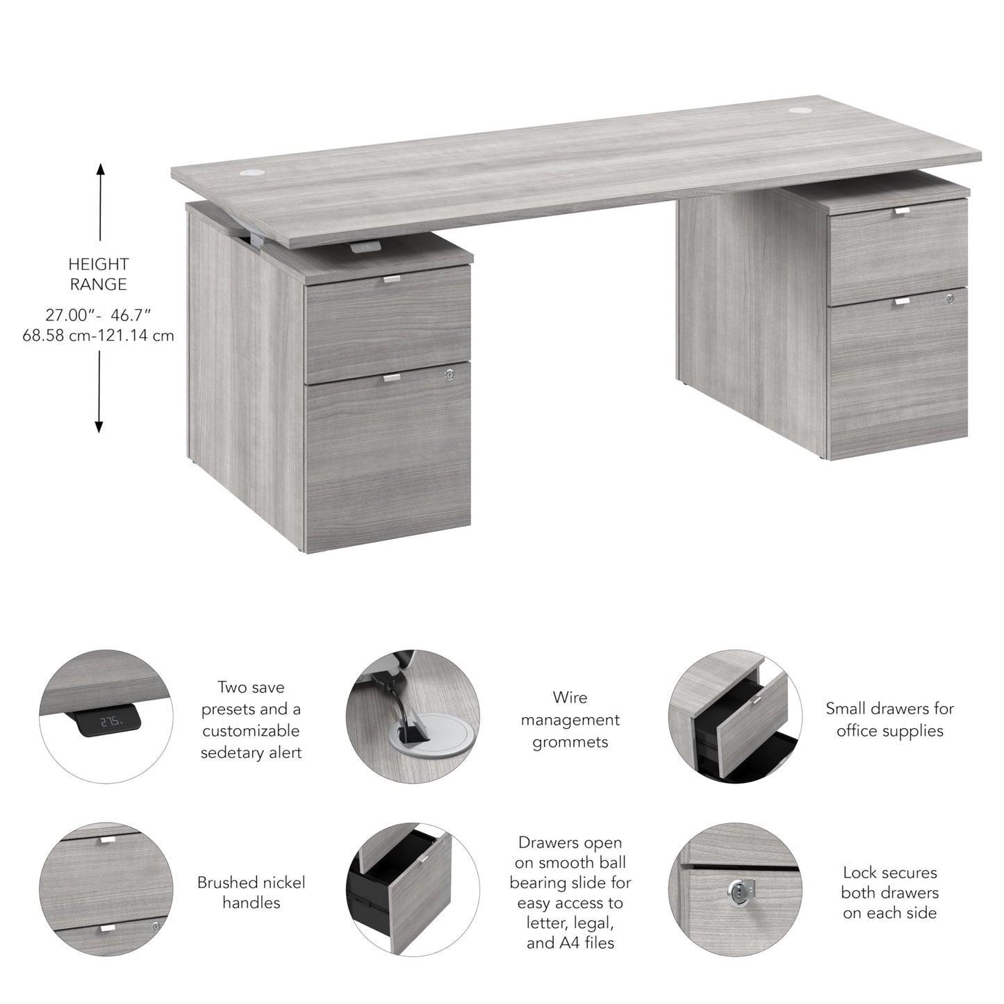 Bush Business Furniture 72-inch Electric Height Adjustable Standing Desk with Drawers, Ergonomic Sit-Stand Computer Table for Office, Stratus Collection, Platinum Gray with Metallic Gray Base
