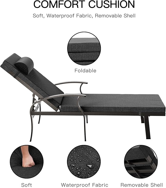 Trumbeak Patio Lounge Chairs Set of 3,Outdoor Lounge Chairs with 5 Adjustable Positions Backerst,Armrest Lounge Chair for Beach,Yard,Balcony,Poolside,Black