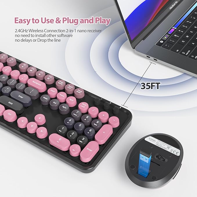 Owpkeenthy Keyboard and Mouse Wireless, Cute Retro Full-Size Cordless Keyboard with Number Pad 2.4 GHz Wireless USB Receiver for Computer (Heimei Pink)
