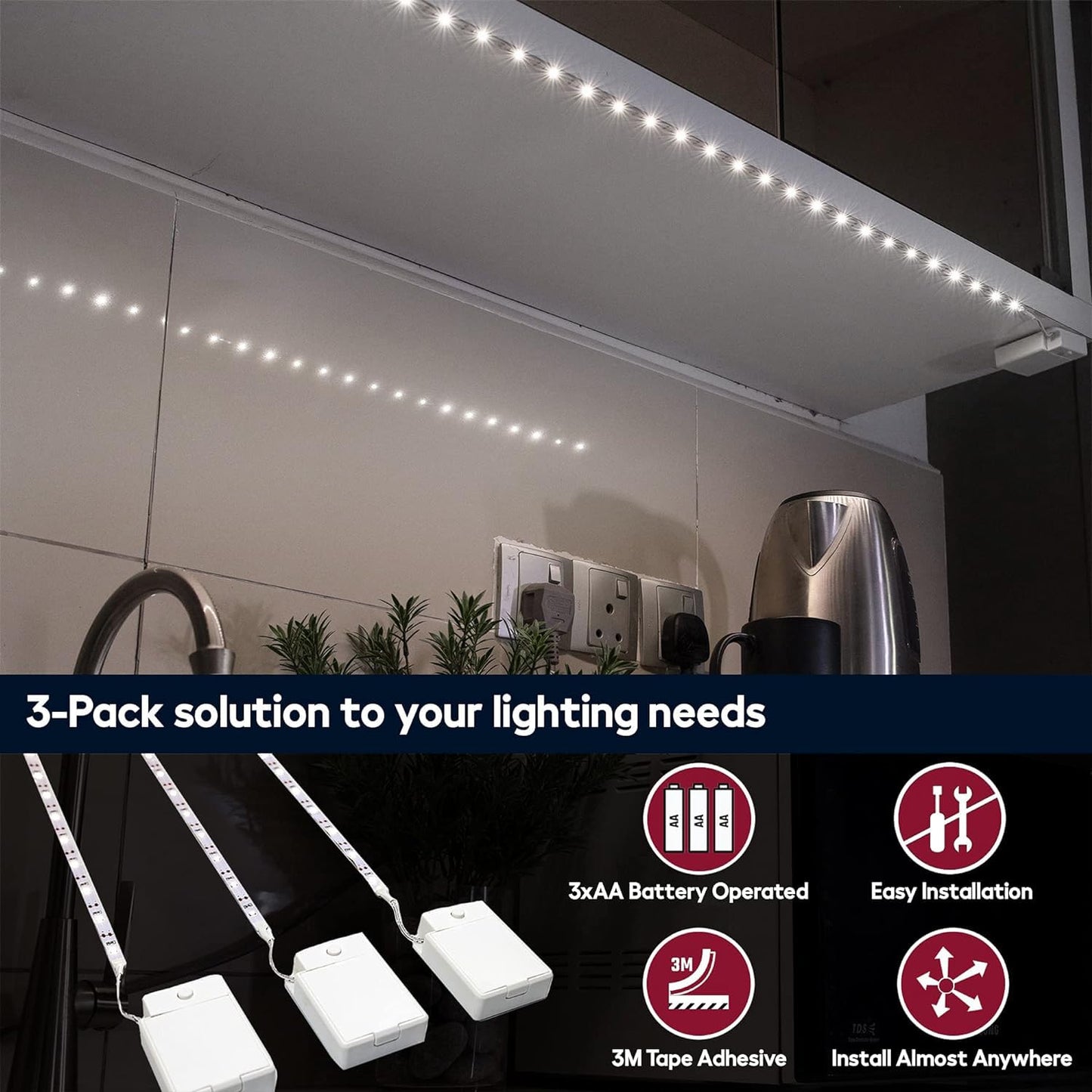 BestLuz Battery Powered LED Strip Lights, 3 Pack 40 Inch Cordless White LED Light Strips for Shelves and Under Cabinet Indoor Use, Battery Operated LED Strip Lights, Cool White 6500K