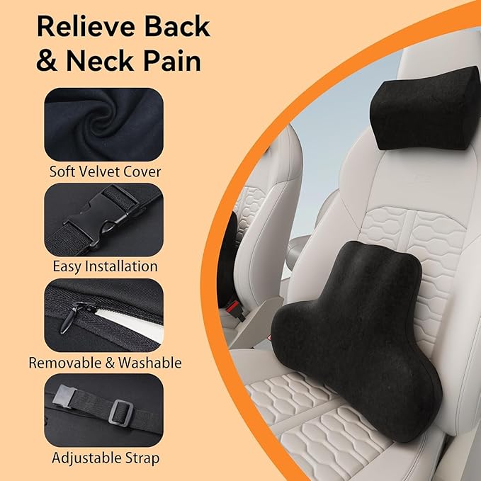 AAGJJ Car Neck & Lumbar Support Pillow Set for Toyota RAV4, Soft Memory Foam Headrest & Back Cushion, Ergonomic Comfortable Seat Support for Daily Driving and Long Trips Car Interior Accessories
