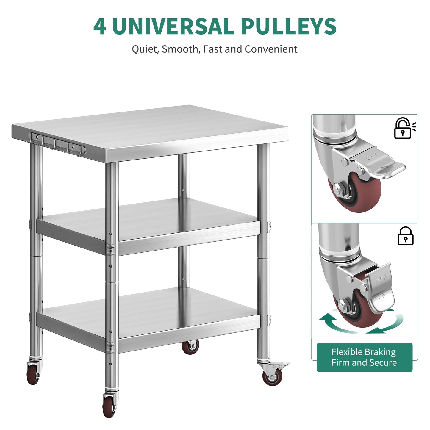 YITAHOME NSF Stainless Steel Table, 30" X 24" Work Table with Wheels, 3 Shelves Metal Prep Worktable for Home Kitchen Restaurant Garage Warehouse Outdoor