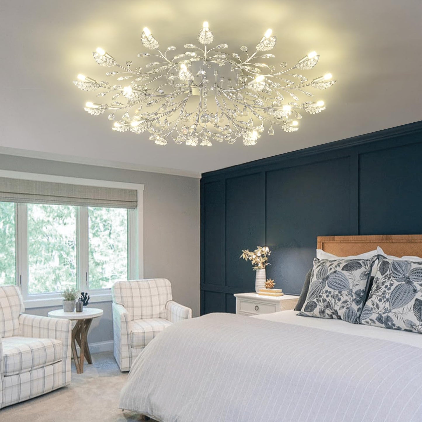 Ridiss Crystal Ceiling Light Fixture,Semi Flush Mount Chandeliers,Crystal Leaf Ceiling Light,Silvery Chandeliers for Dining Room,Living Room,Bedroom