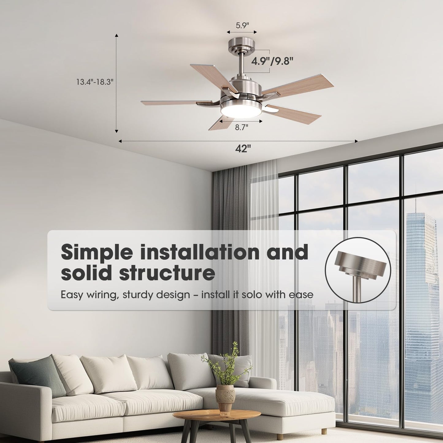 Ludomide Ceiling Fan With Light, 42 Modern Low Profile Ceiling Fan With Light, Dc Reversible Motor, Smart App & Remote Control,