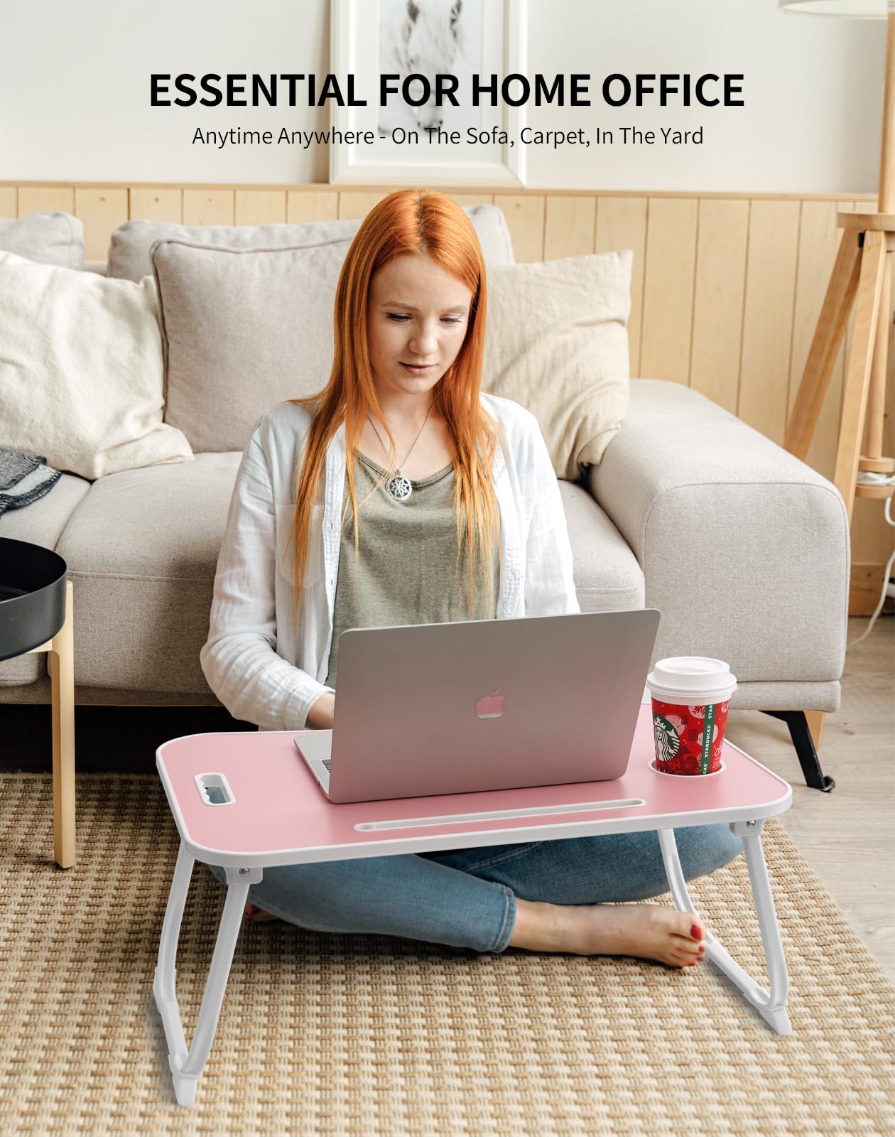 ZEAPTAC Laptop Bed Desk, Foldable Lap Table, Portable Study Table, Laptop Stand with Cup Holder & Tablet Slot & Lifting Handle for Working Writing Drawing & Eating - Pink