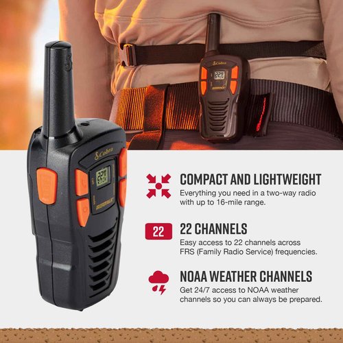 Cobra ACXT145 Compact and Lightweight Walkie Talkies for Adults & Compatible Cobra Surveillance Headset: Rechargeable, 22 Channels, Long-Range, 2 Two-Way Radios, 2 Headsets, Black/Orange