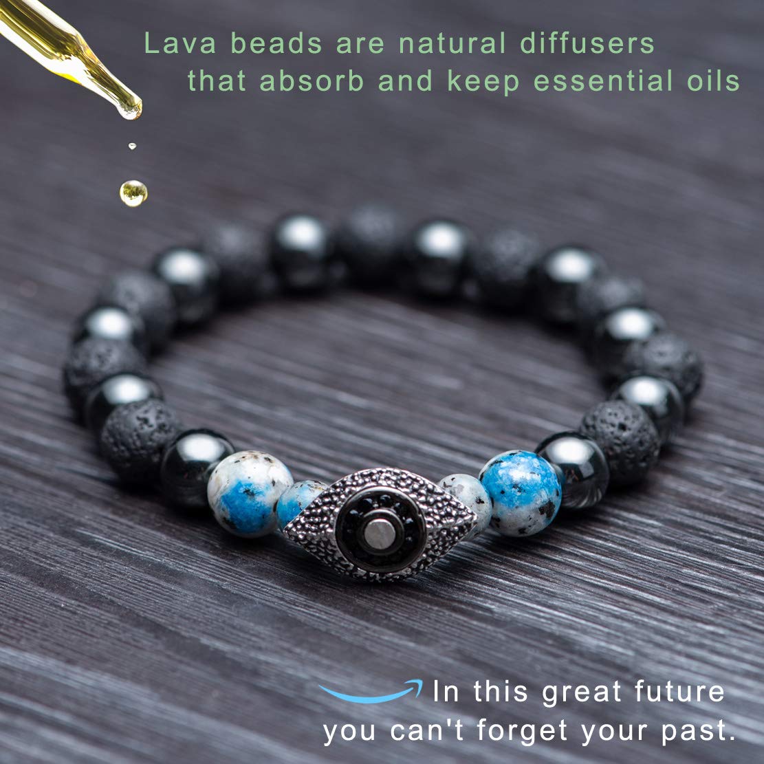 Karseer Vintage Silver and Black Plated Evil Eye Magnetic Energy Balance Anti Anxiety Bracelet Natural Hematite K2 Blue Azurite