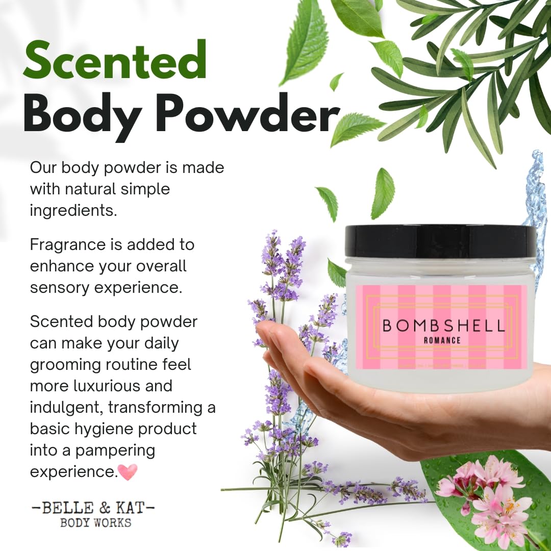 Body Powder for Men & Women Scented Bombshell Romance (VS Type), Bath Perfume Dusting Powder with Fragrance & Essential Oils, Talc Free 8oz Container, Made in USA