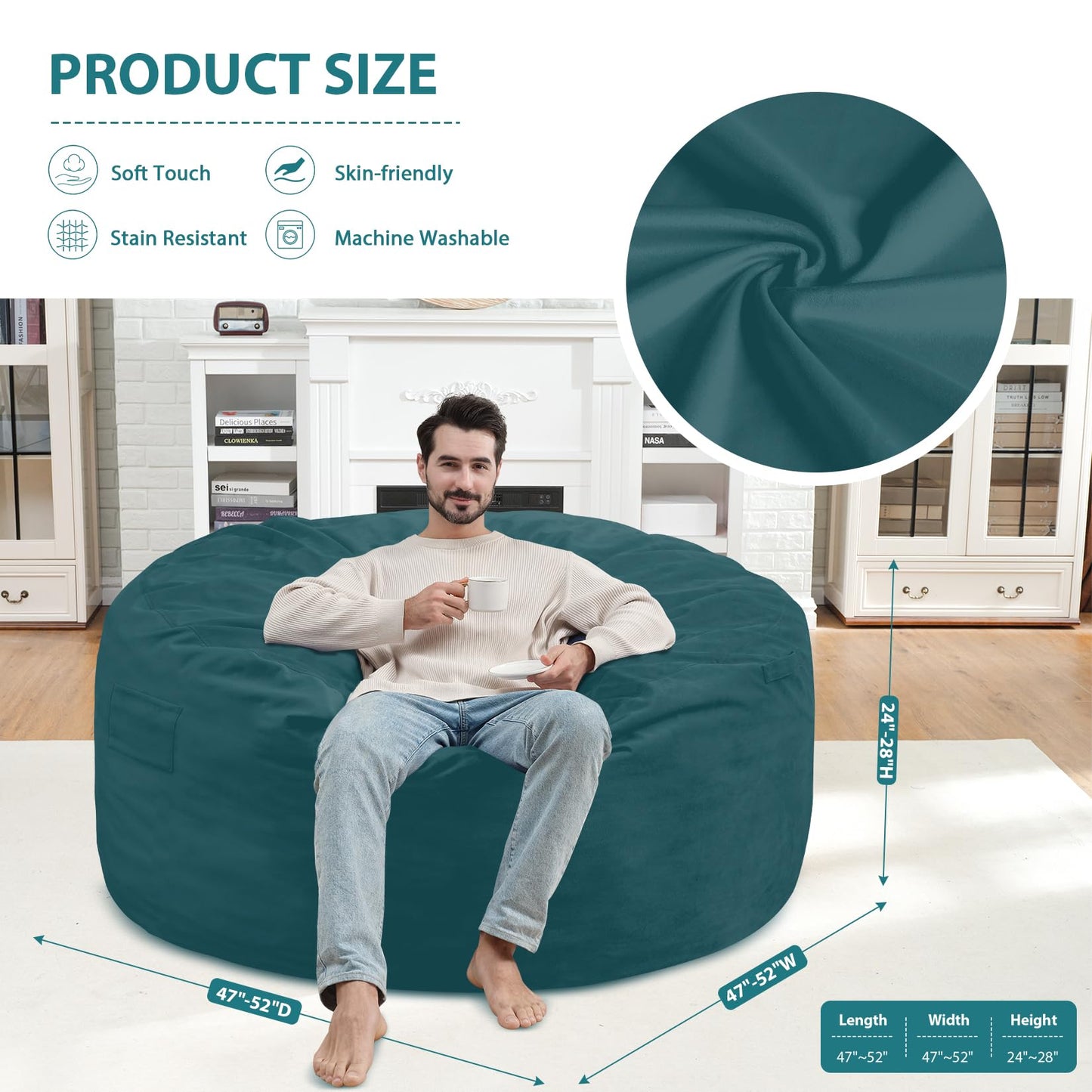 SIMFLAG 5FT Bean Bag Chair, Large Bean Bag Chairs with Memory Foam Filled, Fluffy Beanbag Sofa with Dutch Velvet Cover, Round BeanBag Chairs for Living Room, Playroom- Sea Blue