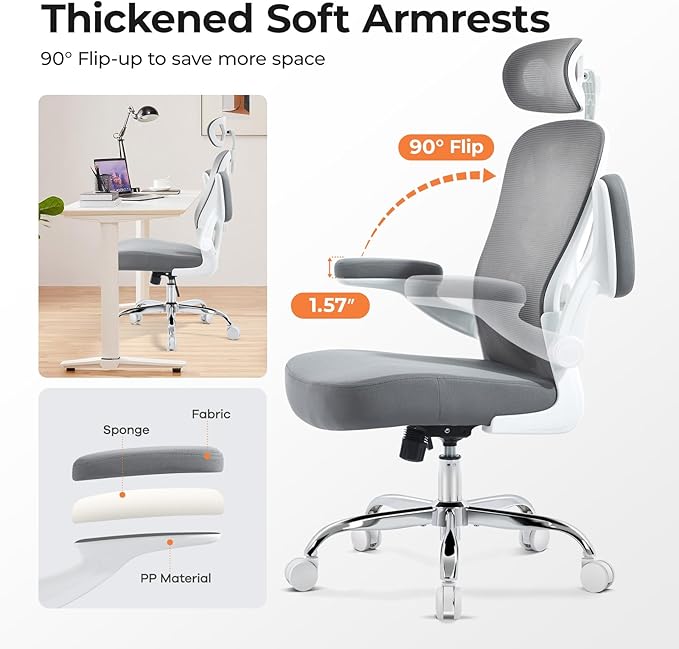 shipborne Office Chair Ergonomic Office Chair with Lumbar Support, Head Support, Rocking Function, FILP-up Armrests, Mesh High Back Chair Home Office Desk Chair, Suitable for Home, Office, Grey