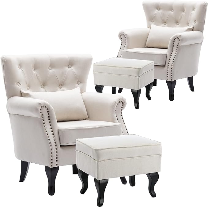 chairus Mid-Century Modern Accent Chairs with Ottoman Set of 2, Comfy Linen Single Sofa Chair Button Tufted Wingback Armchairs with Pillow for Living Room/Bedroom/Club - Beige