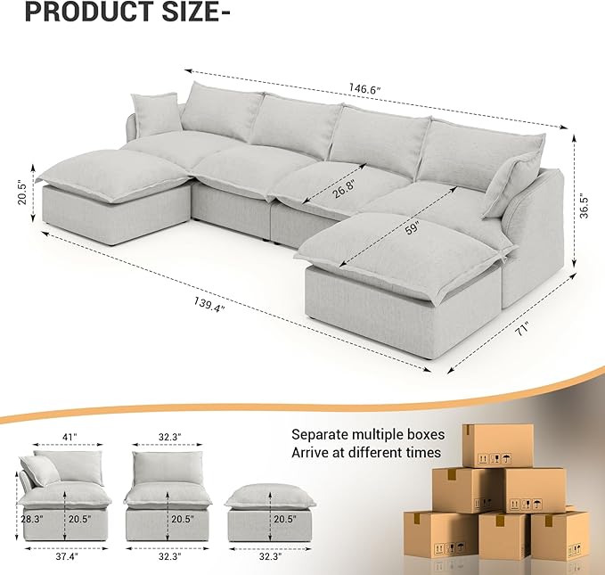 Intuition Decor U Shaped Cloud Modular Sectional Sofa with 2 Chaise Ottomans,146.6" Down Filled Comfort Couch for Living Room,Sectional Couches Wide Deep Seat Convertible Removable Covers Cushion