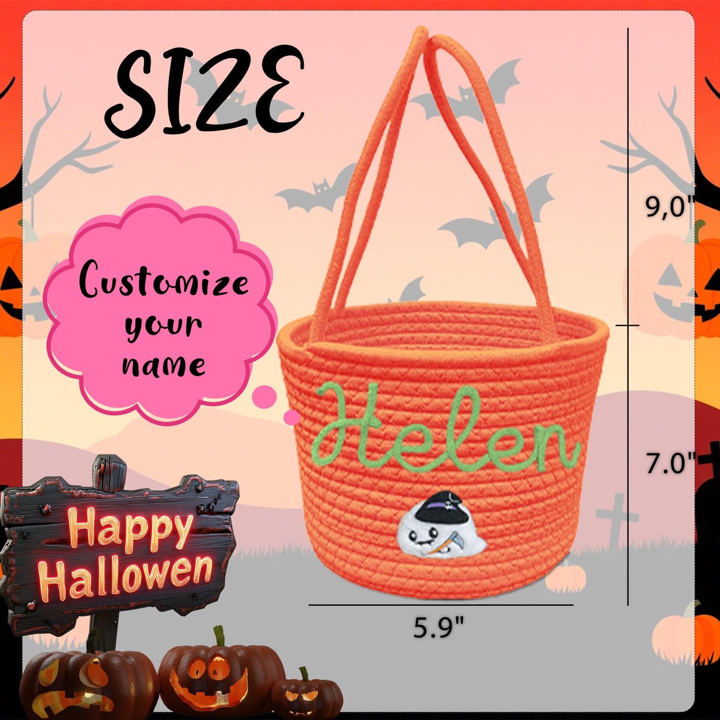 Personalized Halloween Basket Trick or Treat Bag Customized Name Custom Halloween Candy Buckets Gift for Boys Girls,Blue