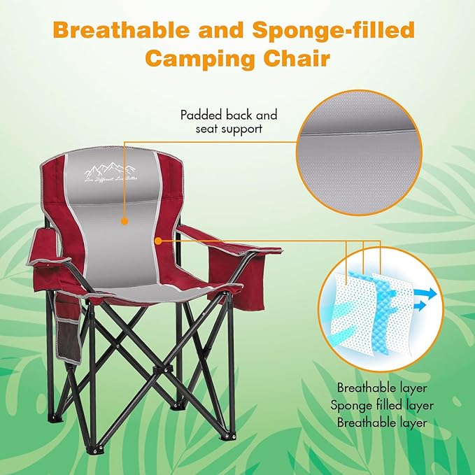 SAILARY Folding Camping Chair Portable Outdoor Heavy Duty Padded Chairs Lawn Chair with Cup Holder, Storage Pocket and Cooler Bag, Supports 450LBS Red
