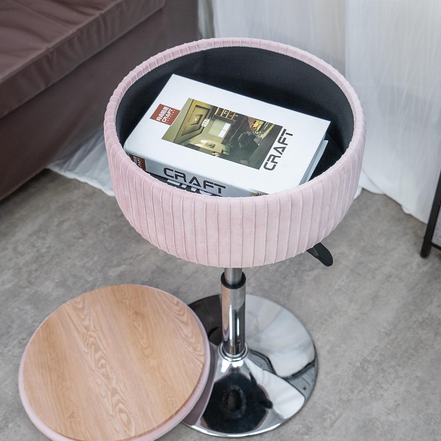 LITZFUR Pink Vanity Stool for Makeup Room, Round Storage Ottoman Height Adjustable Velvet Vanity Chair, 360° Swivel Footrest for Living Room Bedroom