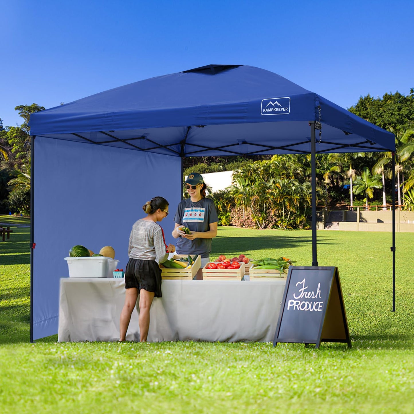 KAMPKEEPER 10x10 Pop Up Canopy Tent with 2 Sidewalls, Beach Tent - Easy Outdoor Sun Shade for Events, Parties, Camping - Gazebo with 4 Weight Bags & Carry Bag.（Navy Blue）