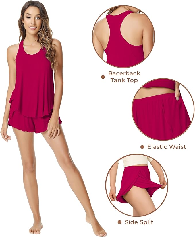 NACHILA Pajamas for Women-Viscose from Bamboo, Ribbed Racerback Tank Top Sexy Split Shorts Pajama Sets Cooling Sleep Cami Pjs