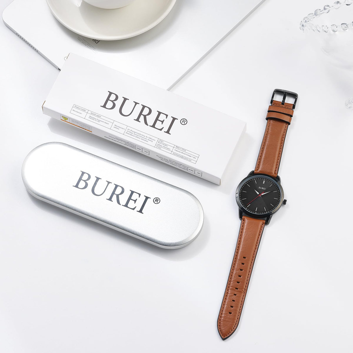 BUREI Mens Fashion Watches Dress Minimalist Wrist Watches for Men Brown Leather Analog Watch Display with Slim Case Design relojes para Hombres