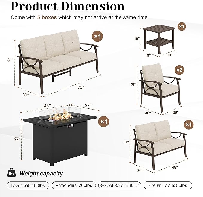 FansaFurn 6-Pieces Outdoor Patio Furniture Set with 43" Fire Pit Table, Outdoor Metal Sectional Sofa with Cushions, Outdoor Conversation Set for Garden, Balcony, Deck, Backyard, Khaki