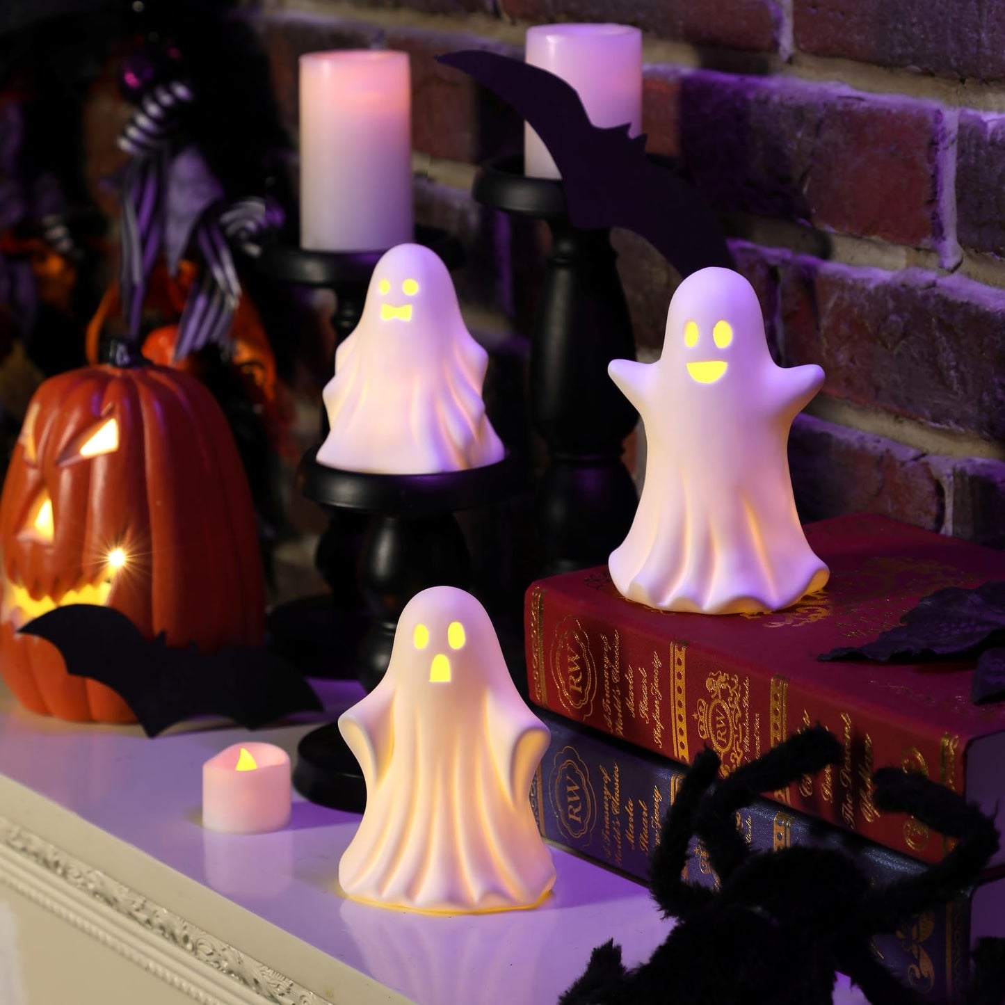 Halloween Ghost Decorations - 3 Pcs Gothic Ceramic Ghost Light Up Decor, White Ghost Figurine for Halloween Table Home Decorations Indoor