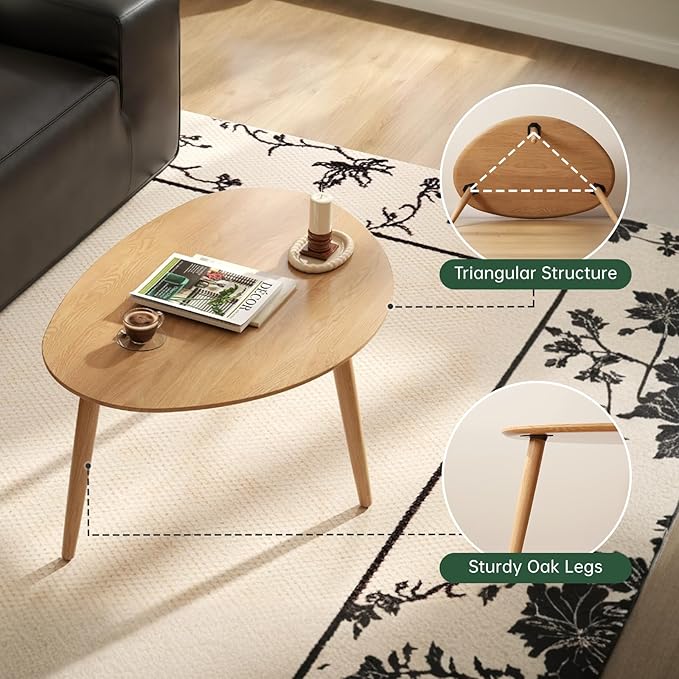 Vadisun Small Oval Coffee Table, 19.7" Mid Century Modern End Table for Living Room, 100% Solid Oak Wood Center Table, Side Table (Original Wood Color, 19.68" Wx13.38 Dx17.71 H)