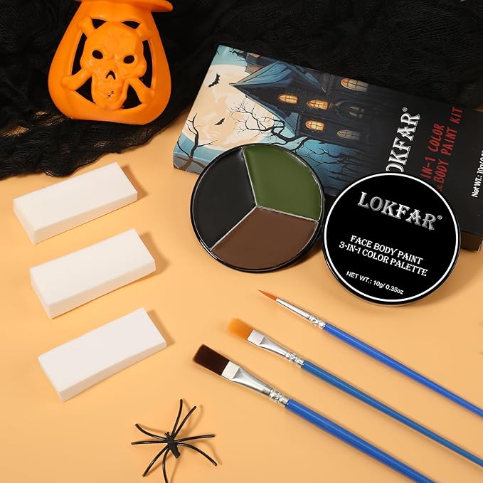 Black Brown Green Face & Body Paint - Blendable Facepaint Foundation with Sponge & Brush for Skin, Professional Halloween Face Make-up Kit for Camo Hunting Army Military Deer Camouflage Dirt Costume