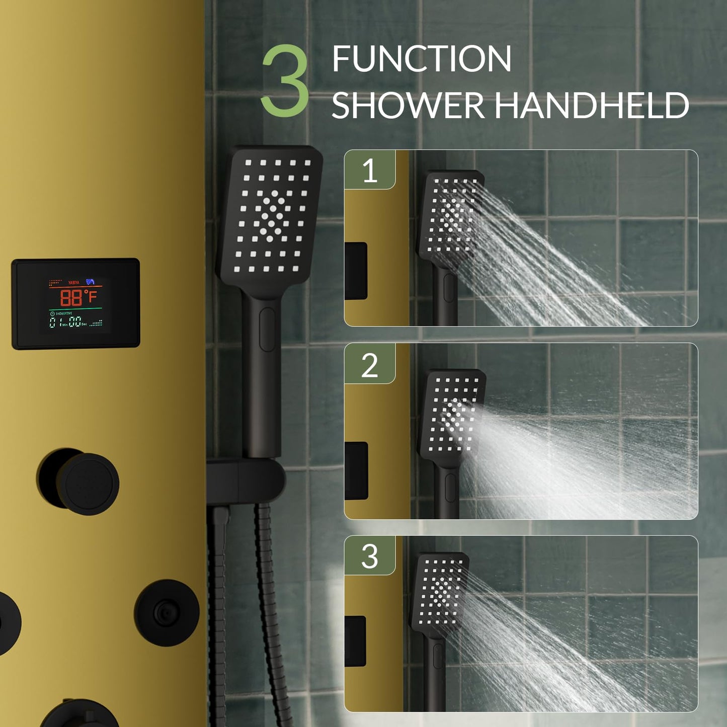 BATHLAVISH Shower Panel Tower System Stainless Steel LED Rainfall Waterfall Shower Head 5-Function Faucet Rain Massage System Wall Mount with 8 Body Jets, Handheld, and Tub Spout, Gold