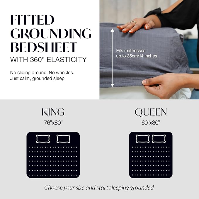 Grounding Sheets King Size 76x80x13.5 Inches – Organic Cotton with Silver, Gray Fitted Earthing Sheets for Overall Improved Wellbeing, with 15 ft Grounding Cord