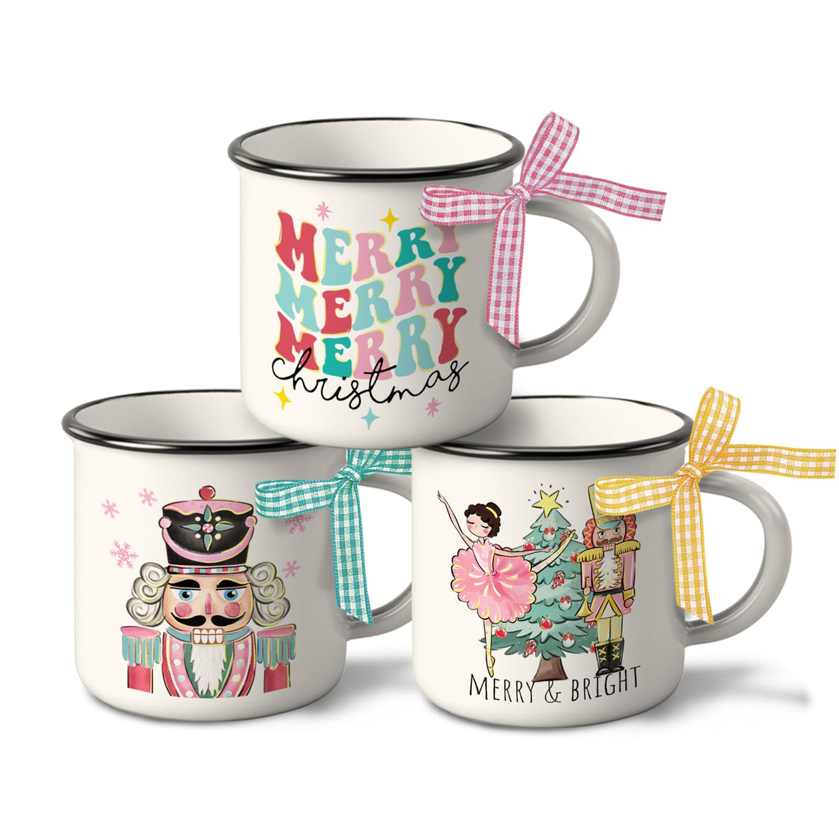 Paayna Merry Christmas Nutcracker Mini Coffee Mug Set of 3, White Xmas Tree 5 oz Mini Coffee Cups for Tiered Tray Decor, Winter Holiday Kitchen Coffee Bar Decorations Housewarming Gift