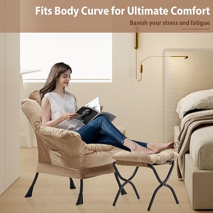 Youtanic Lazy Chair with Folding Ottoman, Accent Chair Velvet Upholstered with Metal Structure and Non-Slip Pads, Sofa Armchair with Footrest and Side Storage Bag for Dorm, Room, Office, Khaki