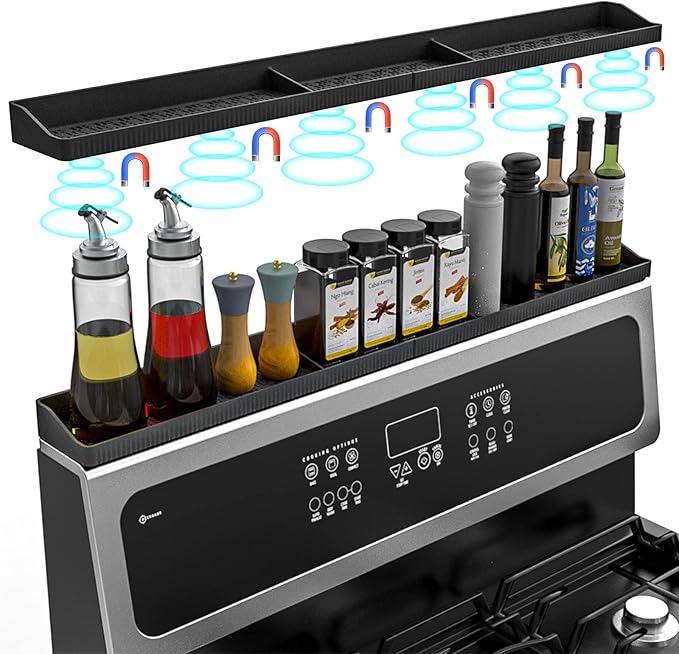 Foeacry 30 Inch Silicone Stove Top Shelf Magnetic for Kitchen Gadgets, Soft Flexible Strong Magnetic Heat Resistant Spice ...
