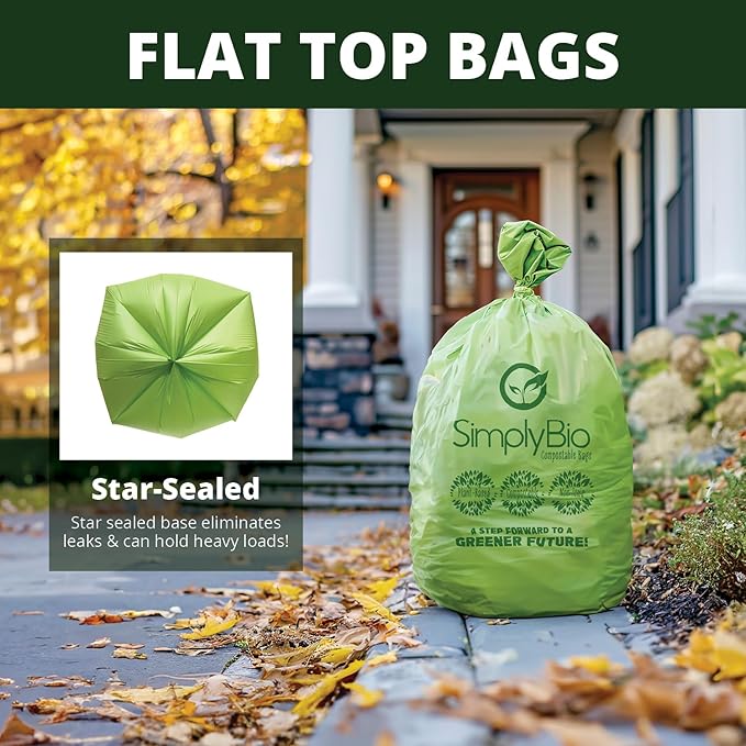 Simply Bio 50-55 Gallon Compostable Trash Bags Liners Flat-Top, Heavy Duty Extra Thick 1.57 Mil, 208.2 Liter, 12 Bags, Lawn, Yard, and Restaurant Use, ASTM D6400, US BPI, OK Compost Home Certified