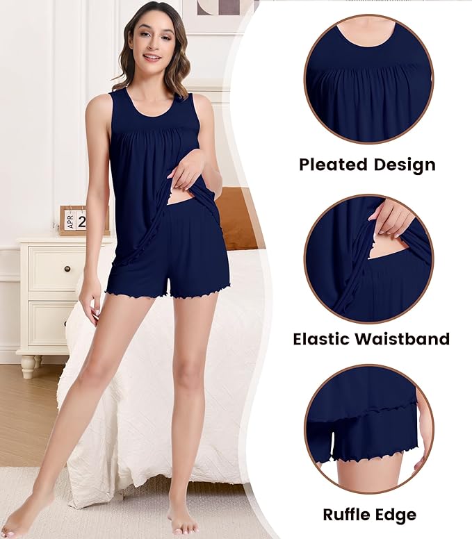 NACHILA Pajamas for Women-Viscose from Bamboo, Ribbed Racerback Tank Top Sexy Split Shorts Pajama Sets Cooling Sleep Cami Pjs