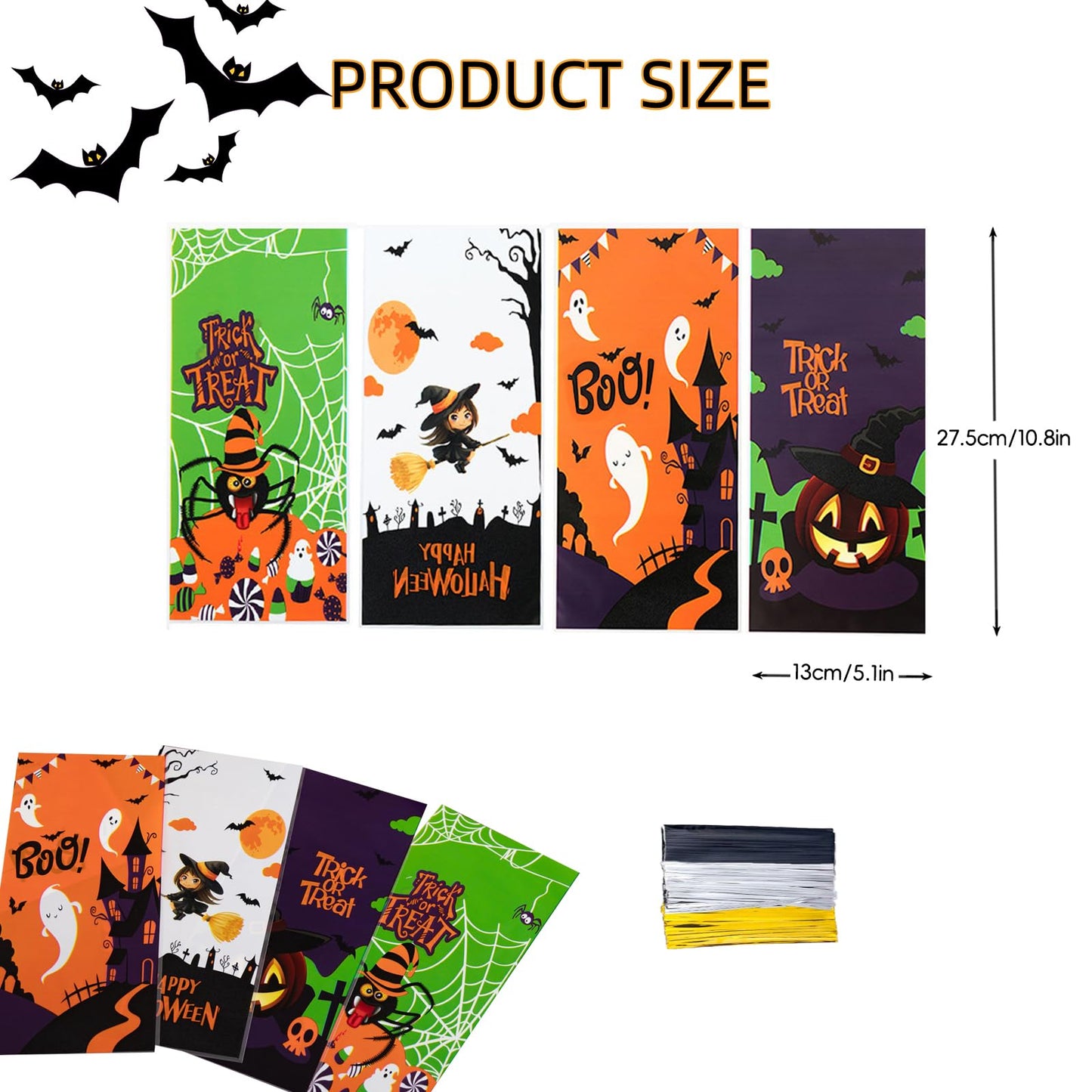 Jocomoni 160PCS Halloween Cellophane Treat Bags, Plastic Goodie Candy Bag Goody Snack Sweet Bags with Twist Ties for Halloween Party Favor Supply（4 Style）