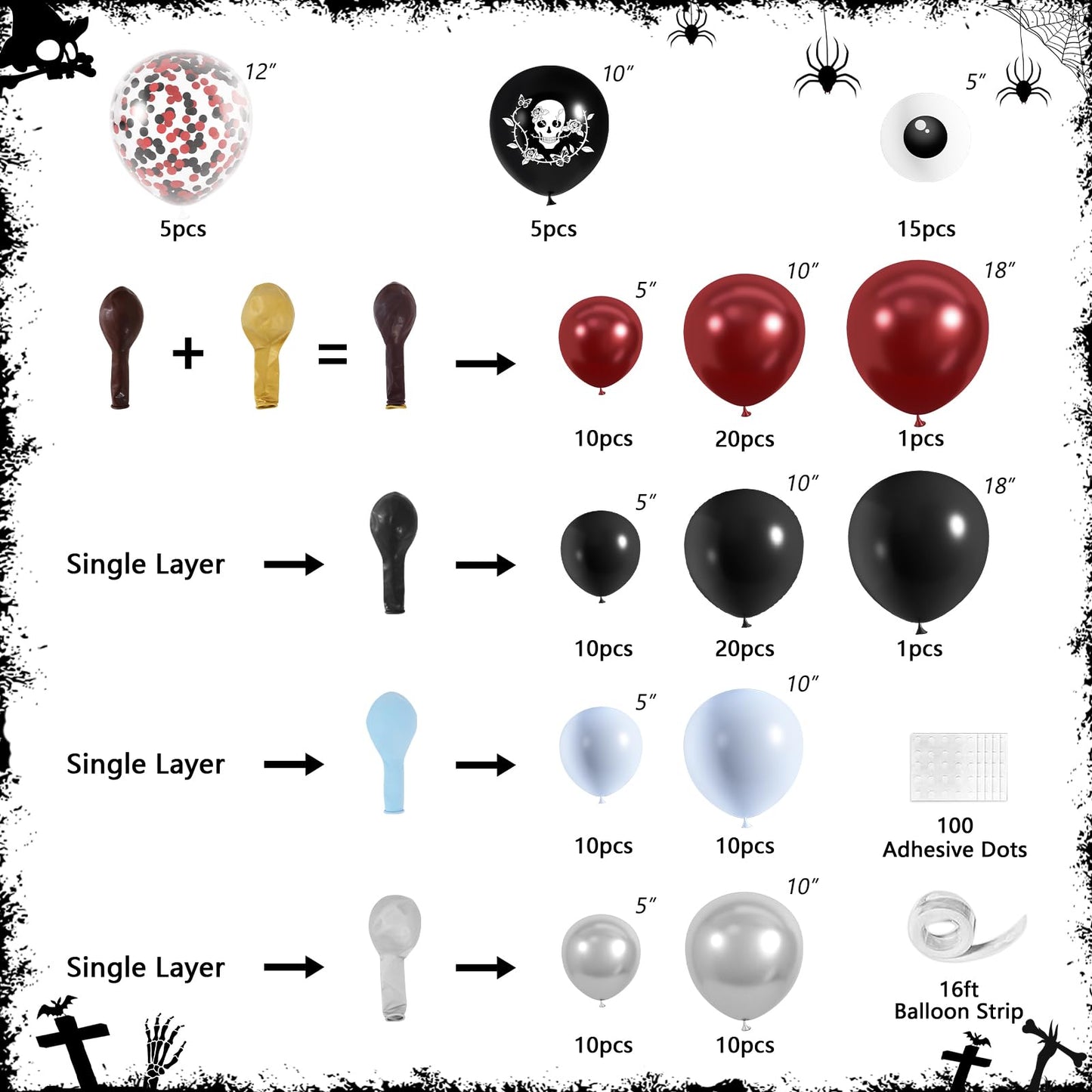 Halloween Balloon Garland Arch Kit, JZCZOEB 133Pcs Double Stuffed Red Black Blue Chrome Silver Balloons for Rose Skull Gothic Spooky Horror Theme Birthday Baby Shower Halloween Party Decorations