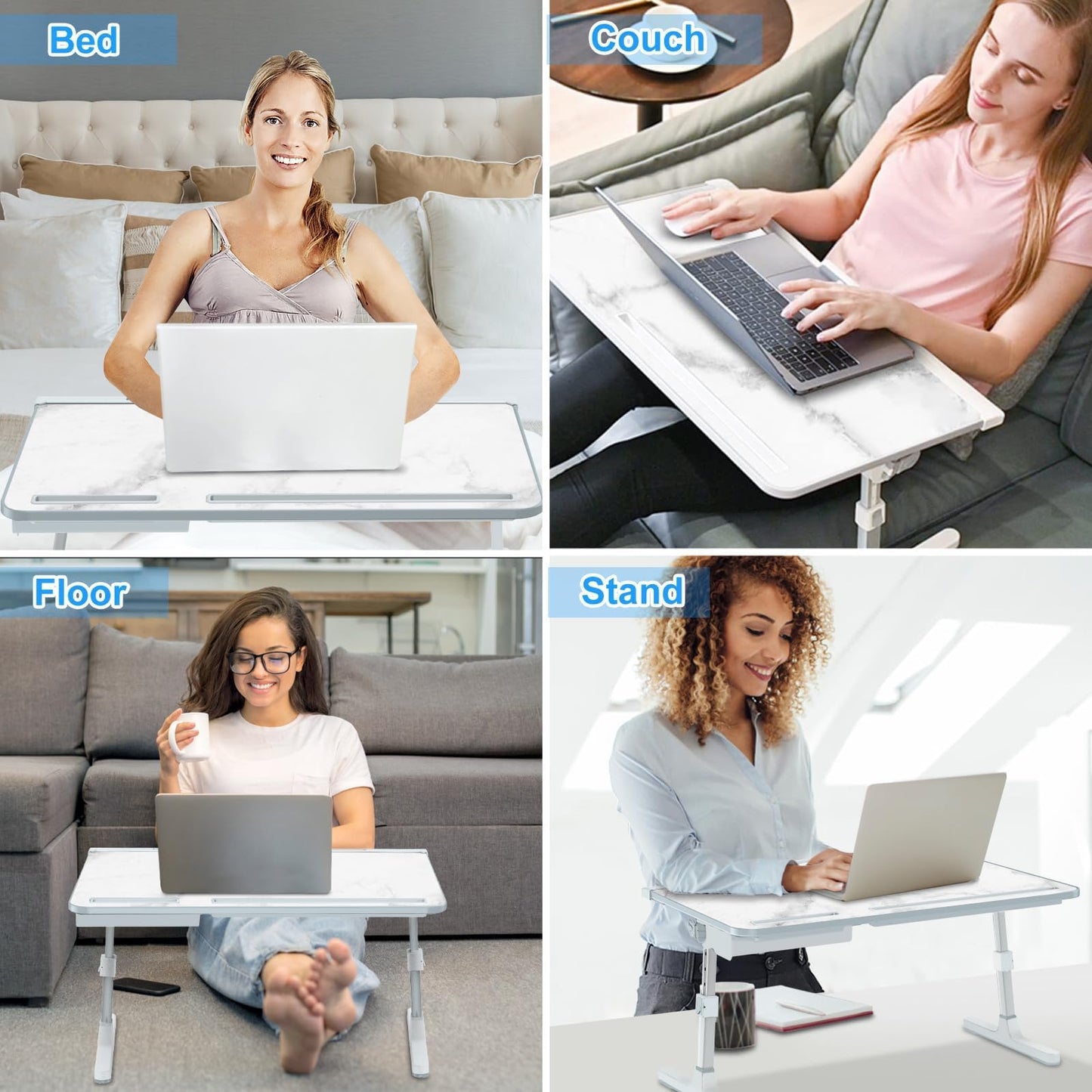 EVETTO Bed Desk for Laptop - Marble Pattern, Adjustable X-Large Foldable Lap Desk, Laptop Lap Desk with 2 Movable Stoppers and Drawer for Bed Couch Floor Writing Eating Working (23.6 inch)