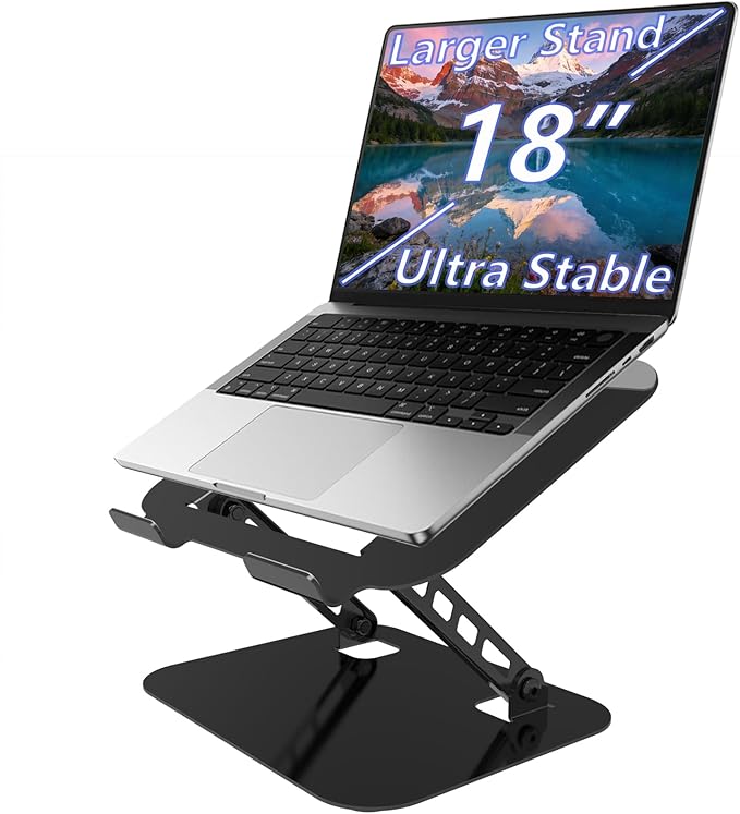 TAPMEI Adjustable Laptop Stand, Ultra Stable Metal Base Ergonomic Foldable Computer Riser for Desk Compatible with MacBook Pro/Air Notebook All Laptop Under 18 Inches (Black)
